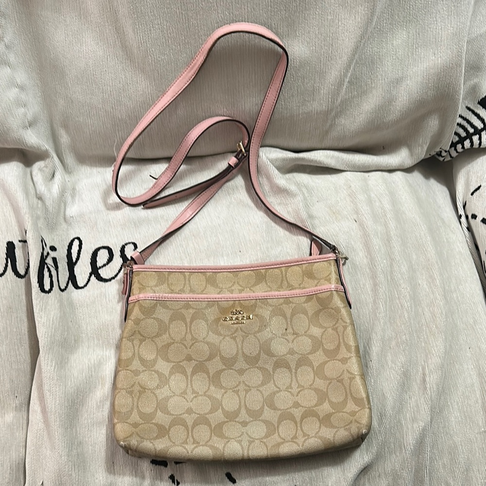 Coach Tan coated canvas with Pink leather trim Crossbody Bag damaged